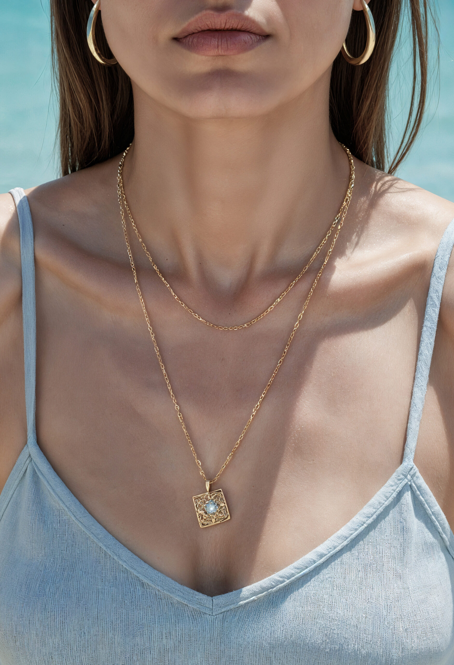 woman-wearing-gold-necklace-with-square-pendant-hoop-earrings